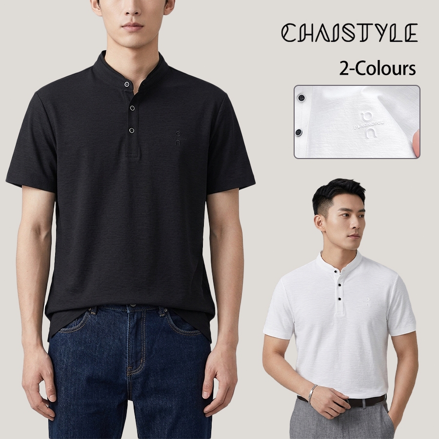Chaistyle เสื้อเชิ้ตแขนสั้นผู้ชาย คอปก Henry สีพื้น เสื้อฤดูร้อน มีปุ่ม เหมาะสำหรับธุรกิจลำลอง