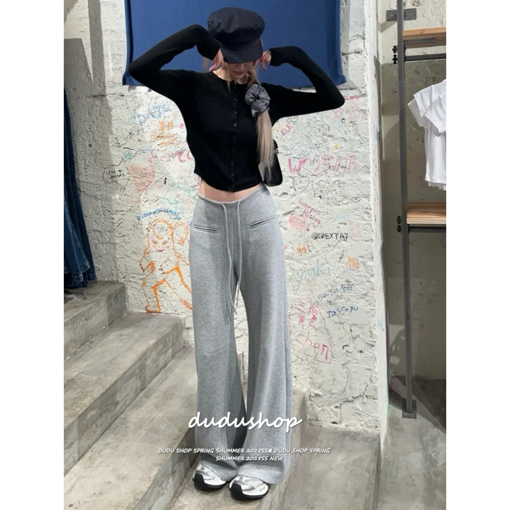 [Trendy casual flared pants]สไตล์กีฬาสีทึบที่เรียบง่ายผู้หญิงเทรนด์สบายเอวสูงฮอร์นกางเกงลำลอง