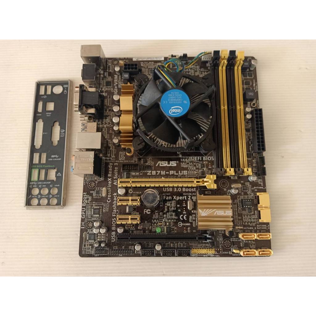 Mainboard 1150 ASUS Z87M-PLUS มีฝาหลัง +CPU INTEL Core i5-4570 พร้อมซิงค์พัดลม