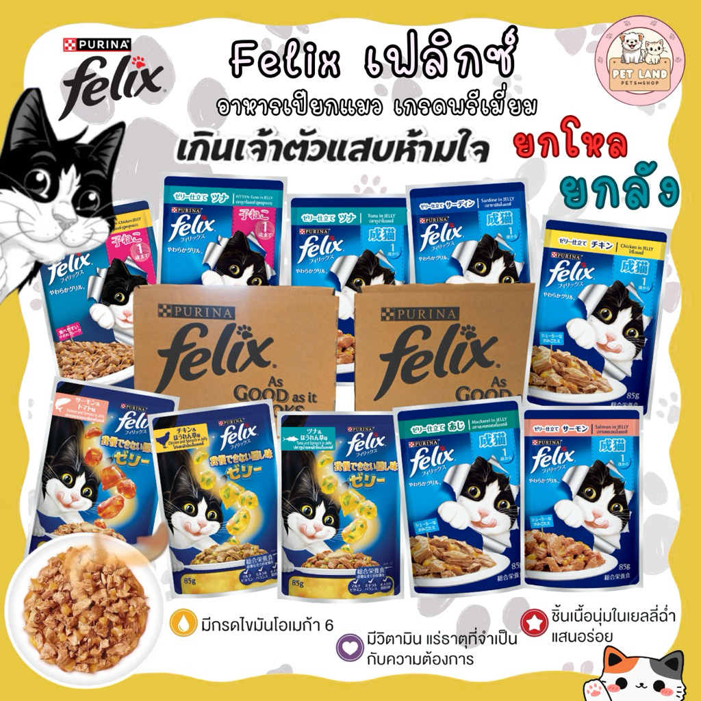 [โหล 12 ซ. / ลัง 24 ซ.] Felix อาหารเปียกแมว เฟลิกซ์ (เนื้อนุ่มในเยลลี่) 70-85 กรัม
