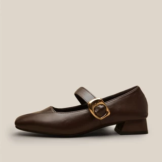 VONICA เกาหลี รองเท้าส้นสูงผู้หญิง Mary Jane แฟชั่น Retro สไตล์ One-line Buckle Square Toe รองเท้า
