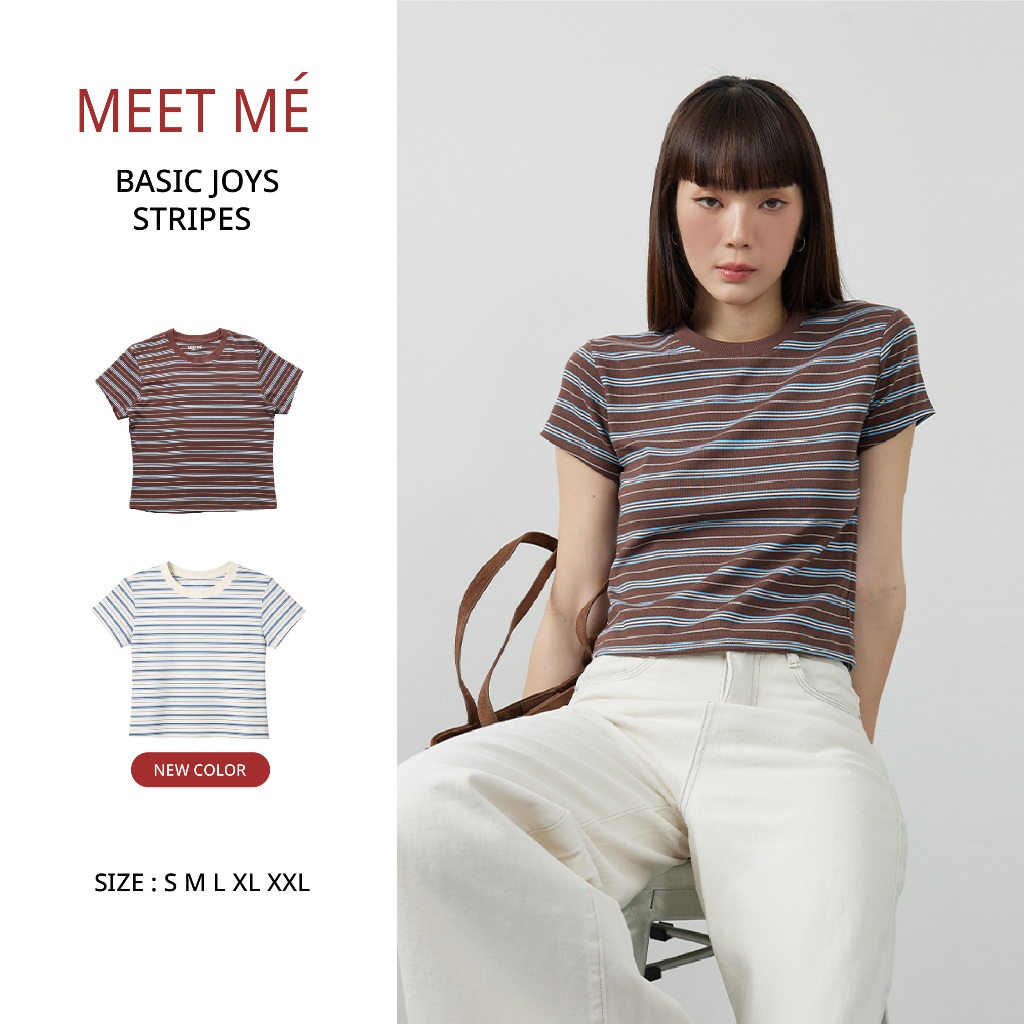 MEET ME - Top 0003 I BASIC JOYS THREE TONE STRIPES เสื้อครอปลายทาง