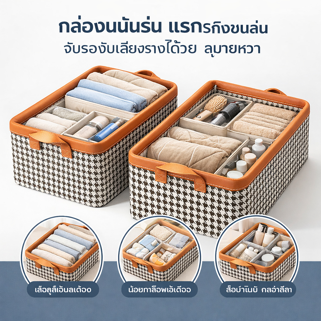 กล่องเก็บของพับได้ กล่องเก็บของลายสก็อต กล่องเก็บเสื้อผ้า