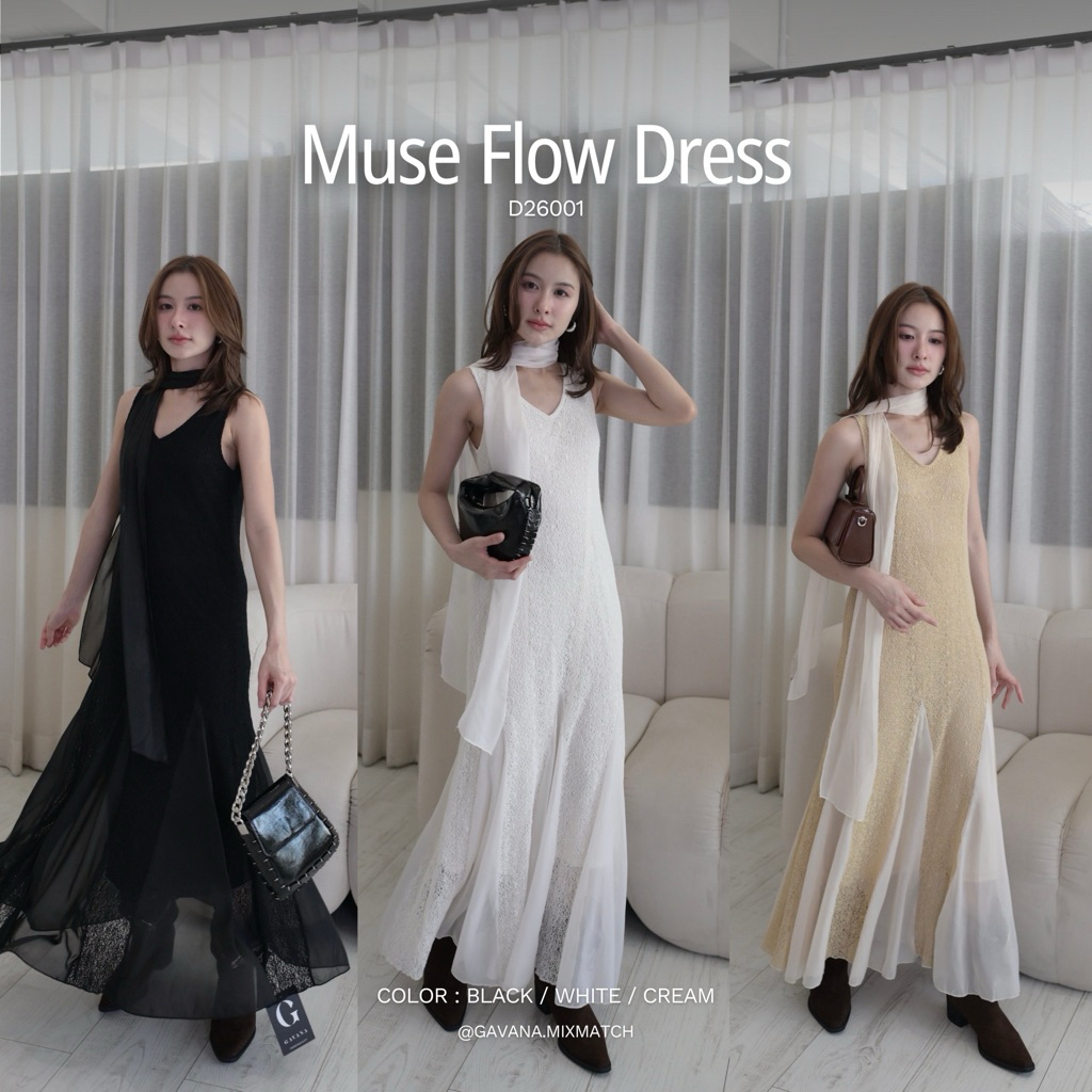 GAVANA Muse Flow Dress  เดรสยาวคอวี มาพร้อมผ้าพันคอเล็กๆ — #D26001