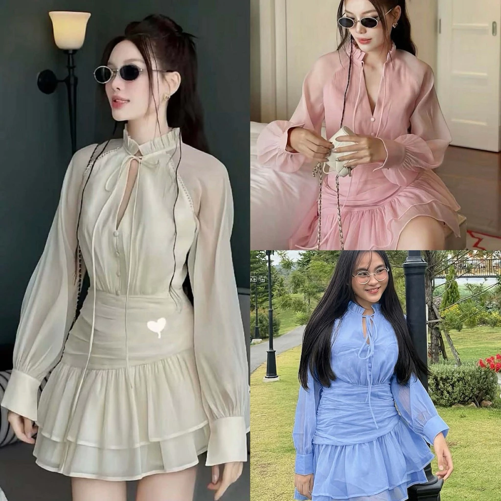 เผื่อไชร์ พร้อมส่งจากไทยเดรสสั้นแขนยาว มีวิดกระโปรงพอง ใส่งานบวช งานบุญ คาเฟ่ ใส่เที่ยวเก๋ๆเดรสสีครีม มี3สีค่ั สวยน่ารัก