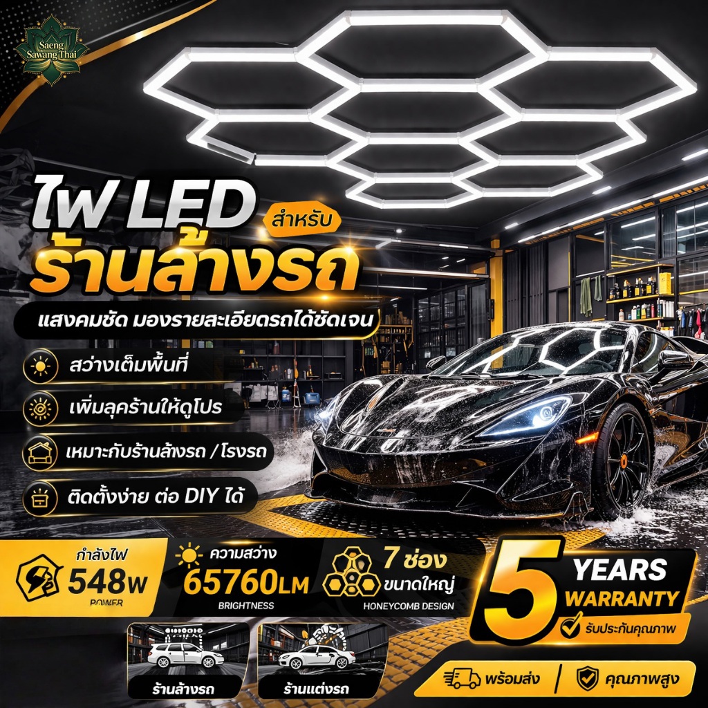 [จัดส่งฟรี] ไฟหกเหลี่ยม LED สำหรับโรงรถ ไฟรังผึ้งติดเพดาน เพิ่มความหรูให้โรงรถ สว่างชัดทุกจุด