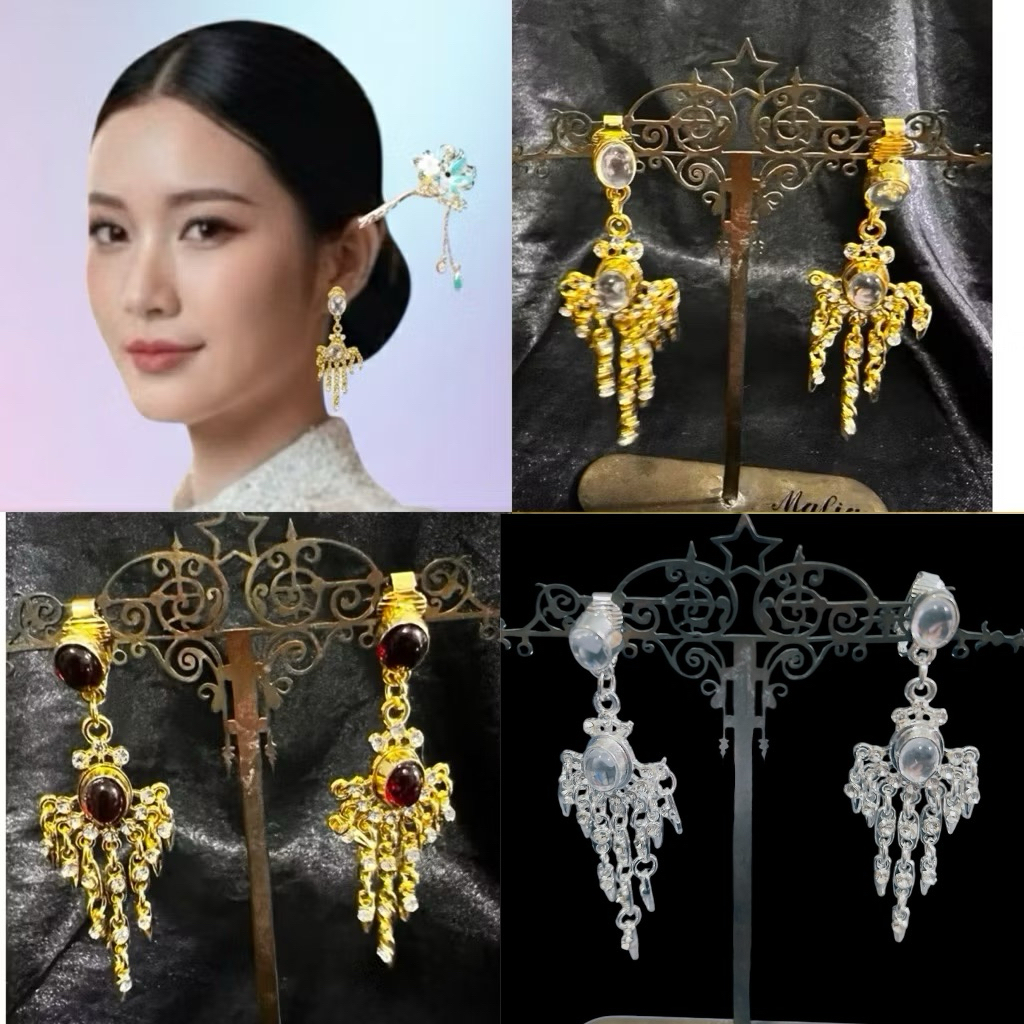 ต่างหูระย้าพลอยแดง พลอยขาว เงินล้วน แบบหนีบเครื่องประดับชุดไทย