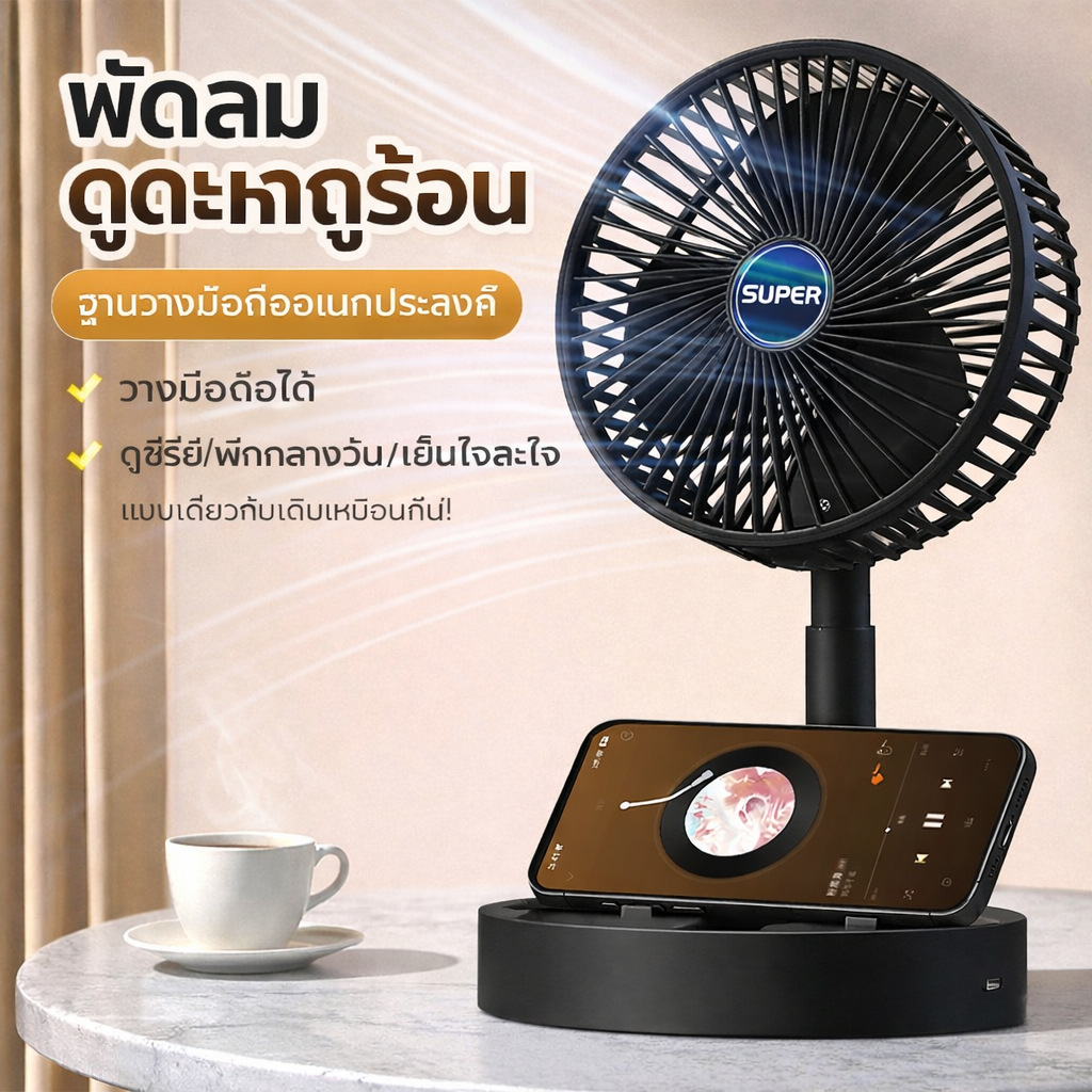พัดลมตั้งโต๊ะพับได้ ชาร์จ USB เสียงเงียบมาก ปรับลม 3 ระดับ พกพาสะดวก เหมาะสำนักงาน หอพัก ใช้งานที่บ้าน