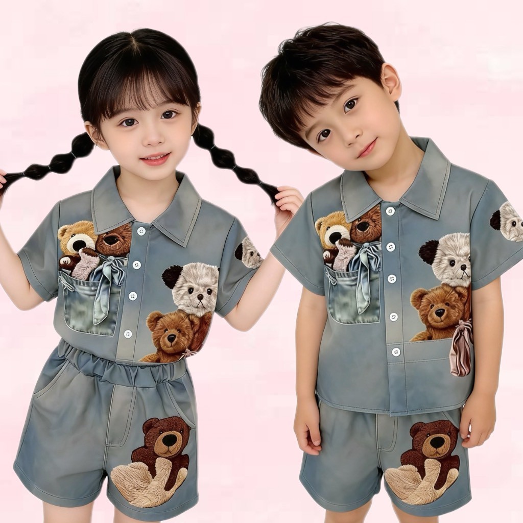 BB239 เซ็ตยีนส์เทียมเด็ก ลายหมีนูน เสื้อเชิ้ตกระดุมหน้า+กางเกงขาสั้น งานเกาหลี