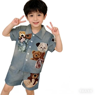 BB239 เซ็ตยีนส์เทียมเด็ก ลายหมีนูน เสื้อเชิ้ตกระดุมหน้า+กางเกงขาสั้น งานเกาหลี
