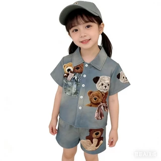 BB239 เซ็ตยีนส์เทียมเด็ก ลายหมีนูน เสื้อเชิ้ตกระดุมหน้า+กางเกงขาสั้น งานเกาหลี