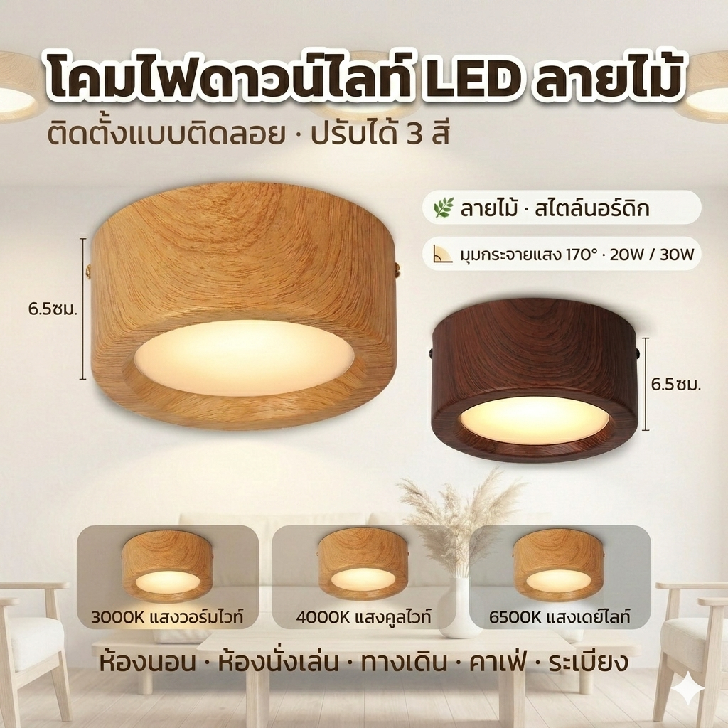 โคมไฟดาวน์ไลท์ LED ลายไม้ 3 สี 20W 30W แสงนุ่ม LED Downlight ไฟเพดาน ติดลอย สไตล์มินิมอล