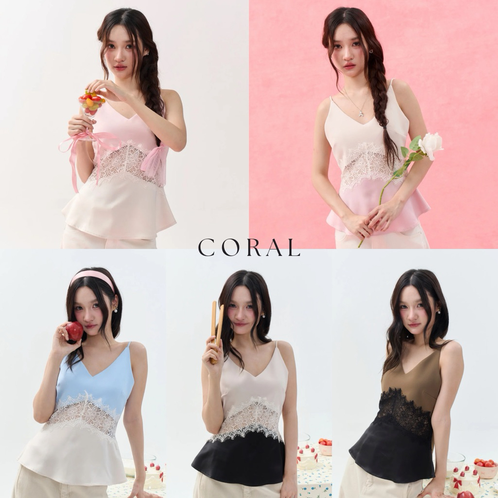 CORAL TOP (เฉพาะเสื้อ) เสื้อสายเดี่ยวดีเทลลูกไม้ ไล่เนื้อผ้าจากผ้านิ่มอัดกาวเป็นทรง ต่อด้วยผ้าลูกไม้ และซาติน