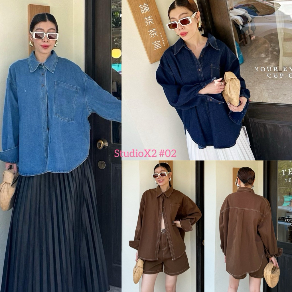 🟣02 StudioX2 Oversize Denim Shirt เสื้อเซิ้ตยีนส์ฟอก ทรงโอเวอร์ไซส์ ดีเทลกระเป๋าใหญ่ที่อก ชายโค้งสโลปหน้าสั้นหลังยาว