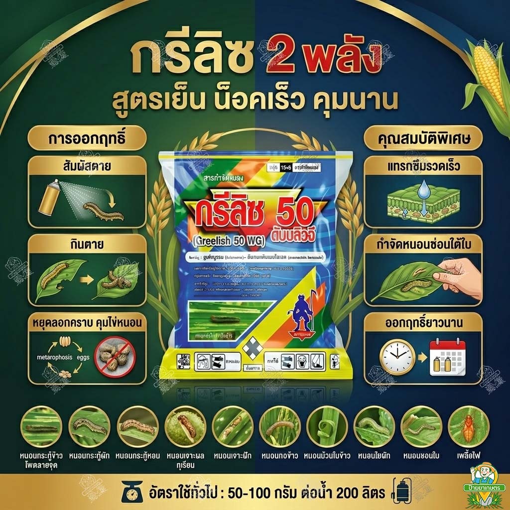 กรีลิซ 50 WG (ซอง100กรัม) ยากำจัดหนอน เพลี้ยไฟ คุมไข่หนอน ลูเฟนนูรอน+อีมาเมกตินเบนโซเอต ตราปีศาจ