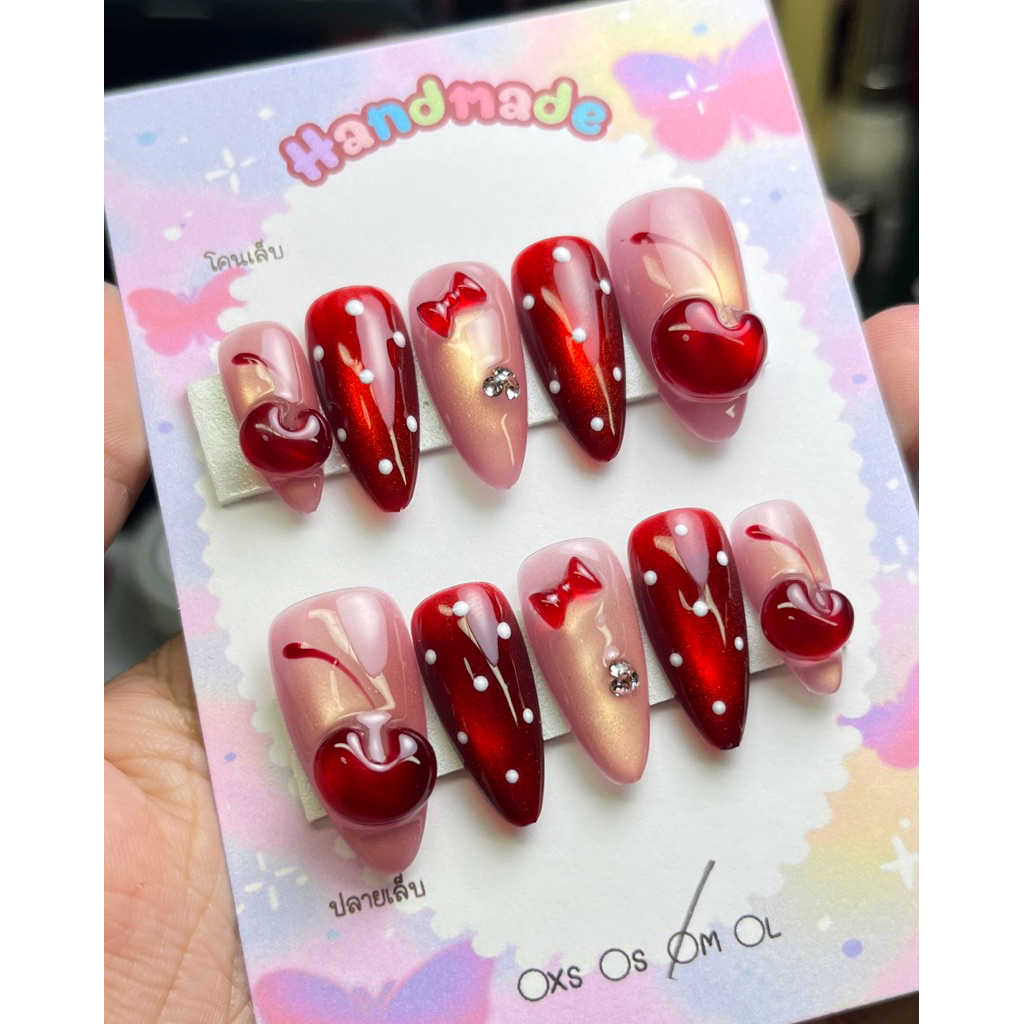 เล็บปลอมสีเจลแท้สีลูกแก้วชมพูสลับแดงปั้นเชอรี่เปลี่ยนทรงเล็บได้