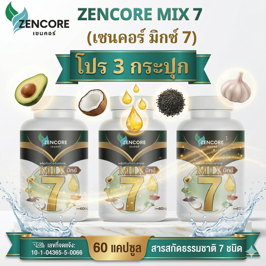 โปร 3 กระปุก Zencore Mix 7 เซนคอร์ มิกซ์ 7 น้ำมันสกัดเย็น 7 ชนิด Mix Oil  1 ขวด 60 แคปซูล น้ำตาล มือ