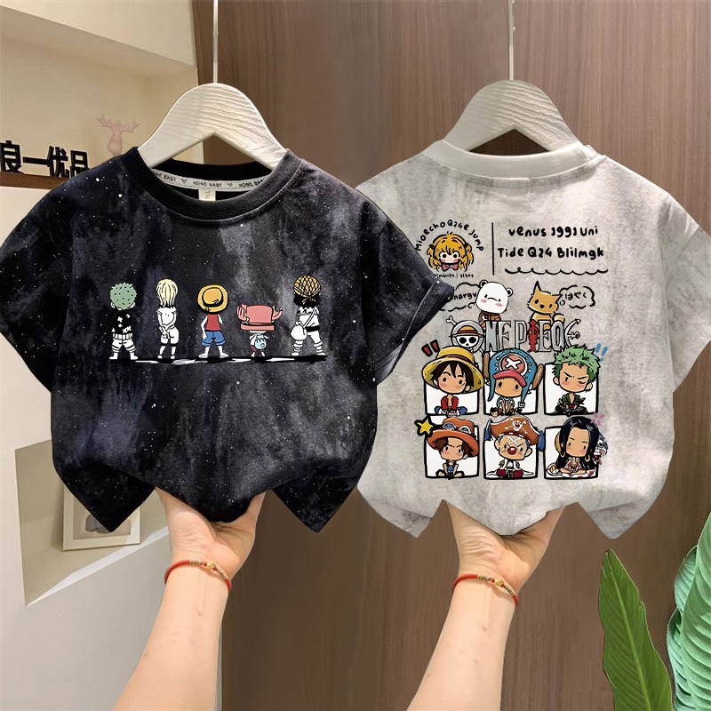 【พร้อมส่ง】【COD】ผ้าฝ้าย100% เสื้อยืดเด็ก One Piece Family ลวดลายการ์ตูน นุ่มสบาย ทรงหลวม เสื้อยืดมัดย้อม 3-12ปี เด็ก