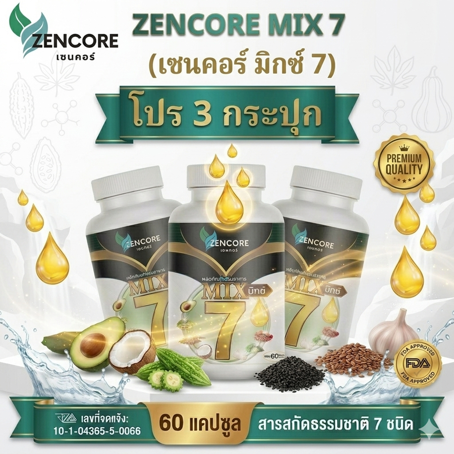 โปร 3 กระปุก Zencore Mix 7 เซนคอร์ มิกซ์ 7 น้ำมันสกัดเย็น 7 ชนิด Mix Oil  1 ขวด 60 แคปซูลน้ำตาล ความ