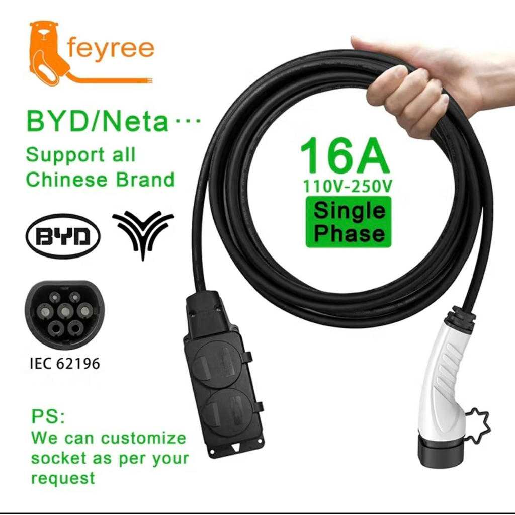 Feyree ปลั๊กชาร์จไฟฟ้า EV Type2 16A พร้อมซ็อกเก็ต EU สําหรับรถยนต์ พร้อมฟังก์ชั่น V2L