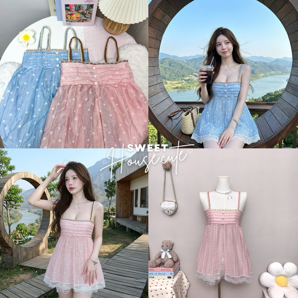 🧸 SweetHouse #719 🌻 เสื้อสายเดี่ยวตัวยาวผ่าหน้าผ้า Rossy(ผ้าบาง)สายแต่งด้วยเชือกสานน่ารักมากก + กางเกงลูกไม้ระบาย 4 ชั้น