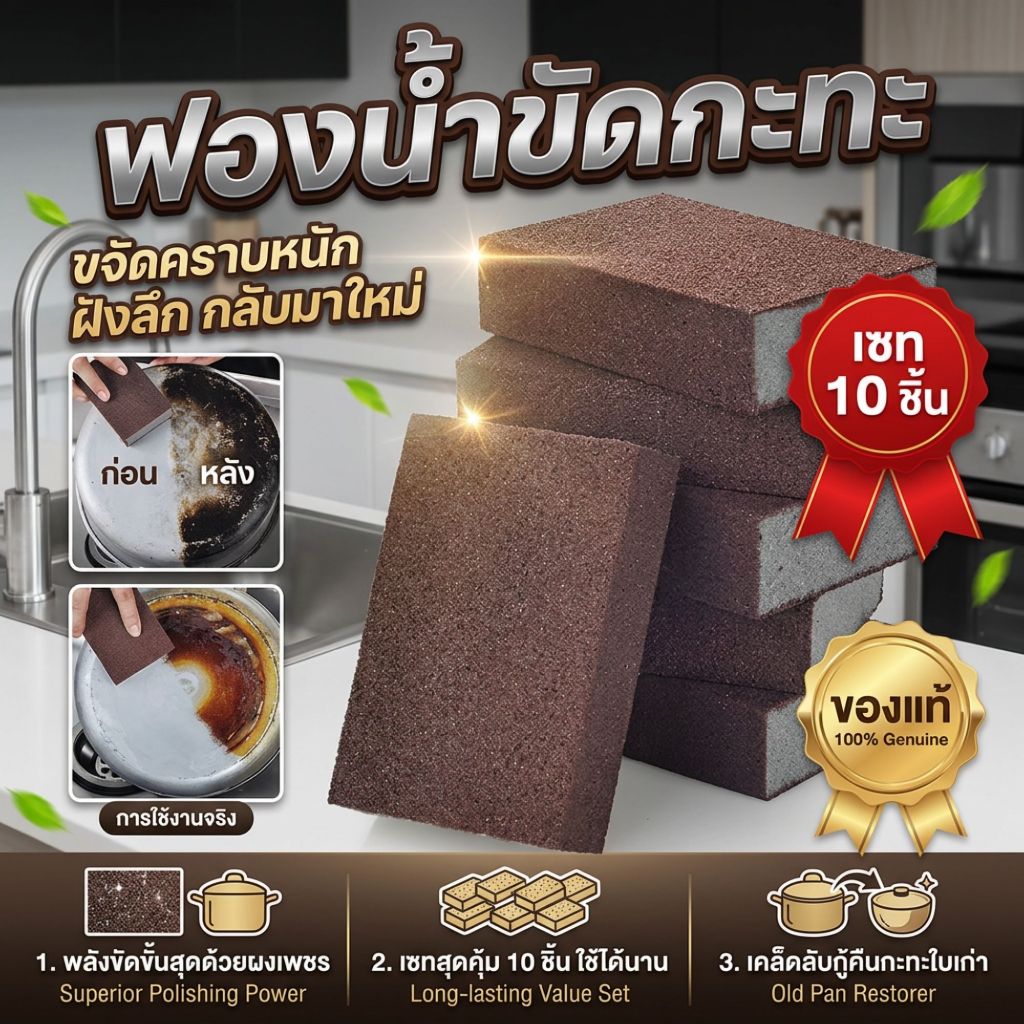 ฟองน้ำขัดกระทะ ของแท้ รุ่น Gen5 เคลือบผงขัดคาร์บอรันดัม ขัดคราบไหม้ เนื้อแน่น 10 ชิ้น
