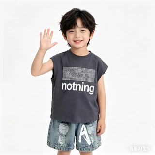 BB243 ชุดเด็กผู้ชาย เสื้อแขนกุดสีเทา กางเกงยีนส์ขาสั้น ลุคเท่