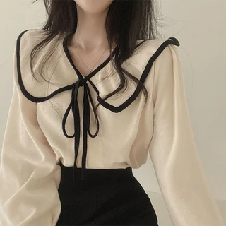 เสื้อเชิ้ตแขนยาวคอปกผูกโบว์น่ารัก เสื้อเชิ้ตคอตุ๊กตาสีเบจผูกโปว์แขนยาว ใหม่ เสื้อผ้าแฟชั่นเกาหลีผู้หญิง เก๋ ระดับไฮเอนด์