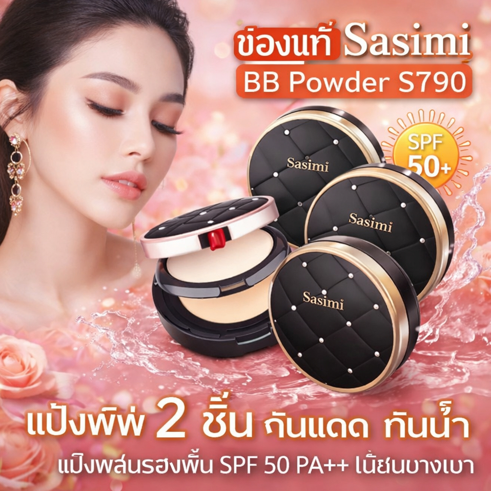 ของเเท้ Sasimi  BB Powder S790 แป้งพัฟ 2 ชั้น กันแดด กันน้ำ แป้งผสมรองพื้น SPF 50 PA++ เนียนบางเบา