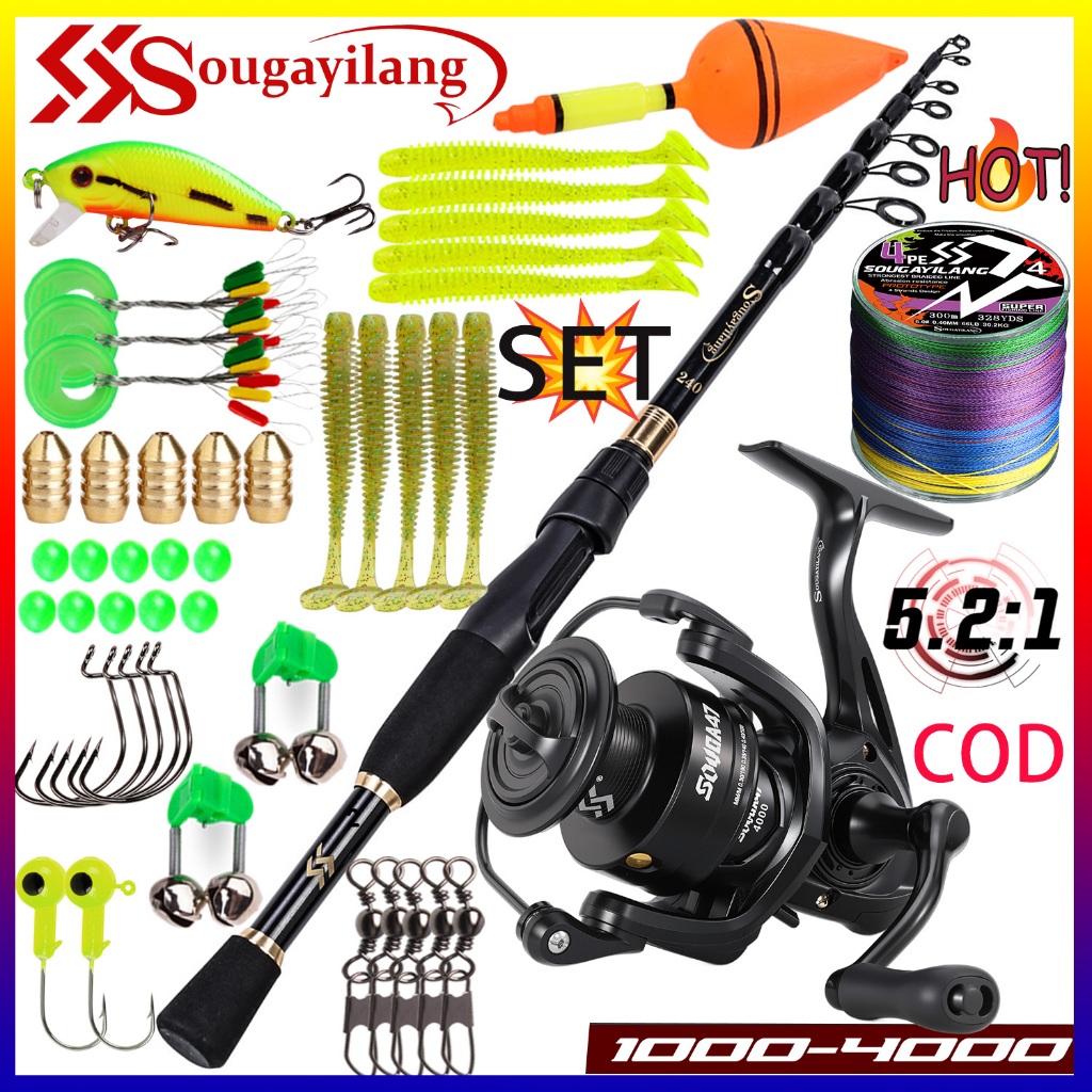 🔥 Sougayilang 🎣 ชุดตกปลาเต็มเซ็ท คันตกปลาคาร์บอน + รีลสปินนิ่ง อุปกรณ์ครบ ใช้ได้ทั้งน้ำจืดและน้ำเค็ม แบบพกพา