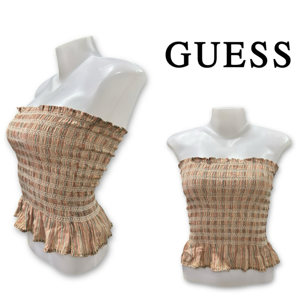 GUESS แท้ (GC02) เสื้อเกาะอกสม็อค ลายทางปักเลื่อมทอง ดีเทลระบายชายสไตล์ Boho 🌟 สวยแพงมาก (มือ 1 ป้ายห้อย)