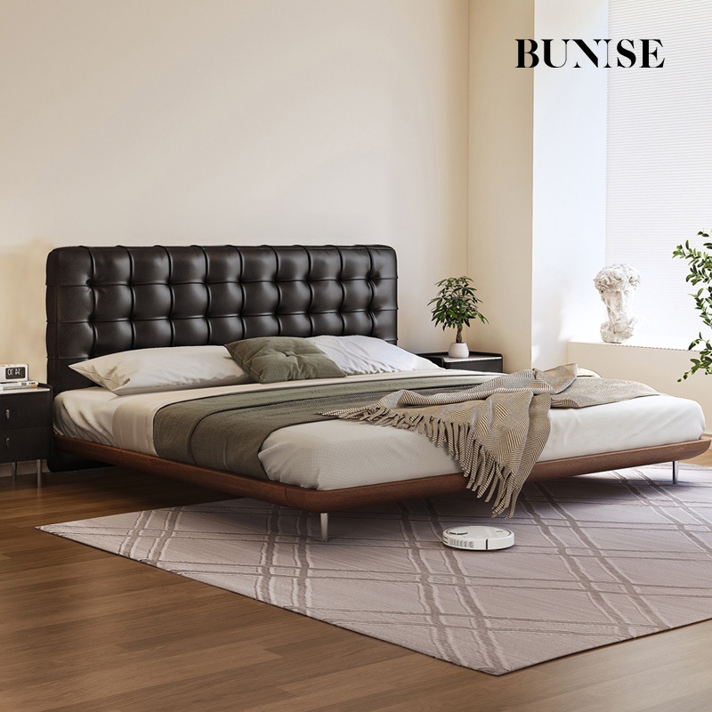 BUNISE H2011 1.8m Genuine Leather Bed Waffle Pattern Mid-Century Vintage Wedding Bed Solid Wood Base