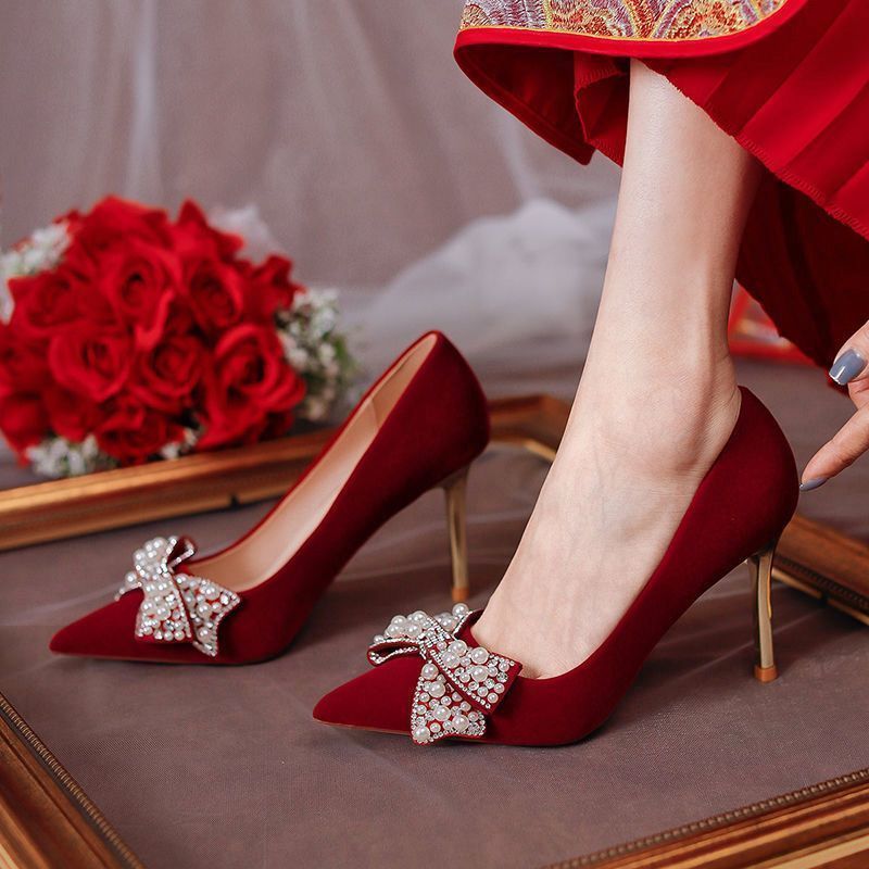 High heeled shoes - high-end red wedding shoes for women wearing two dresses, Xiuhe wedding dress, t