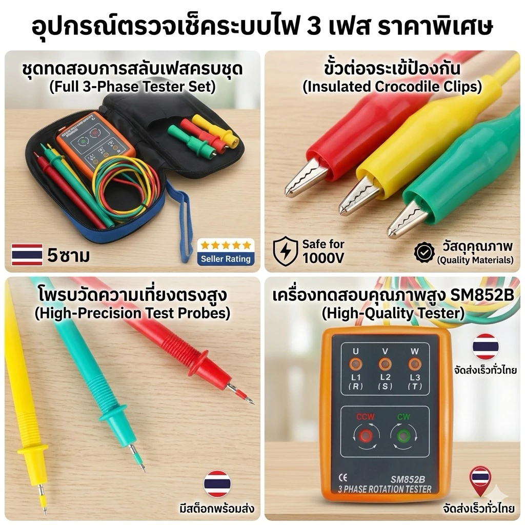 มิเตอร์วัดเฟสไฟฟ้า เครื่องวัดเฟสไฟฟ้า 3เฟส แสดงผลด้วยไฟ LED รุ่น SM852B Indicator Detector Meter 3Phase Rotation Tester