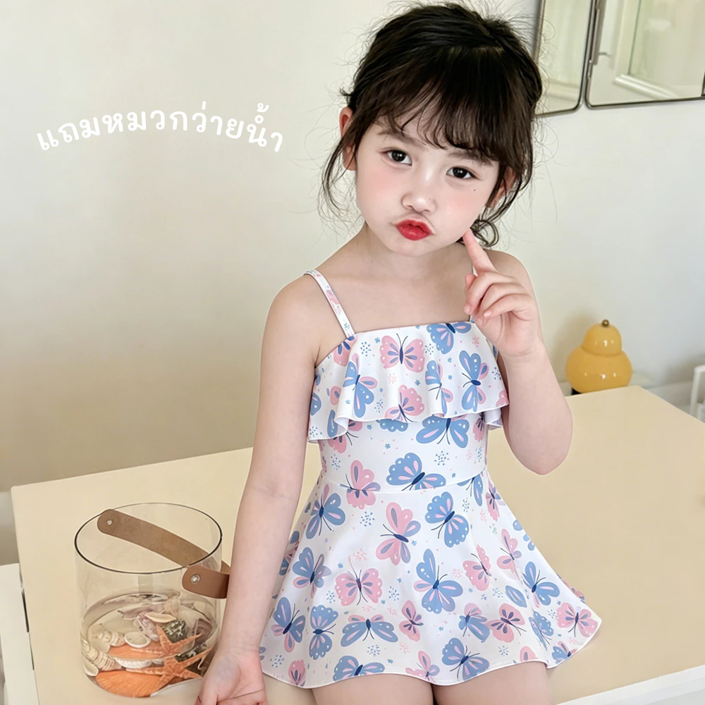 PRINCESS KESLI ชุดว่ายน้ําเด็ก ชุดว่ายน้ำเด็กหญิง มีหมวก หมวกว่ายน้ำ + กางเกงขาสั้น ผ้าเนื้อดี งานดี น้ําหนักเ