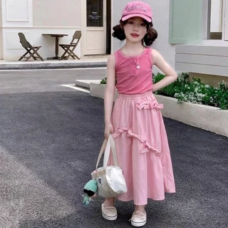 กระโปรงยาวปานกลางผูกโบว์สำหรับเด็กผู้หญิง สไตล์เกาหลี กระโปรงยาวปานกลางที่ใส่ได้หลายโอกาส หวาน น่ารัก และมีสไตล์