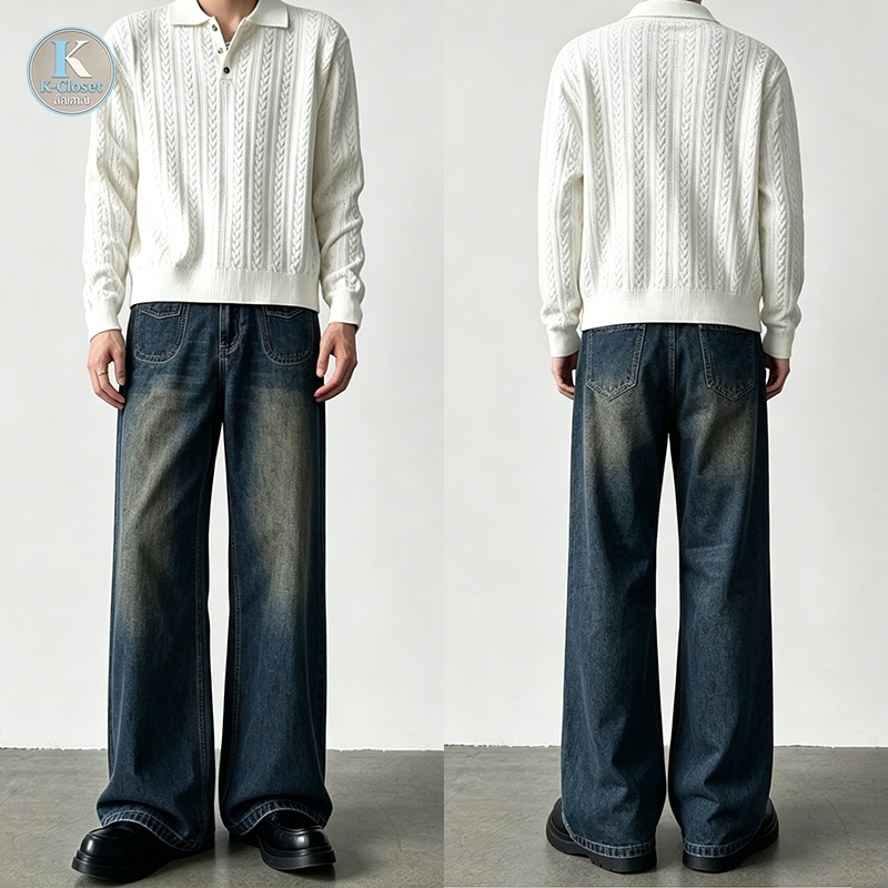 S-5XL Baggy กางเกงยีนส์ขายาวทรงหลวมสไตล์เกาหลีสำหรับผู้ชาย มีกระดุมสองเม็ด