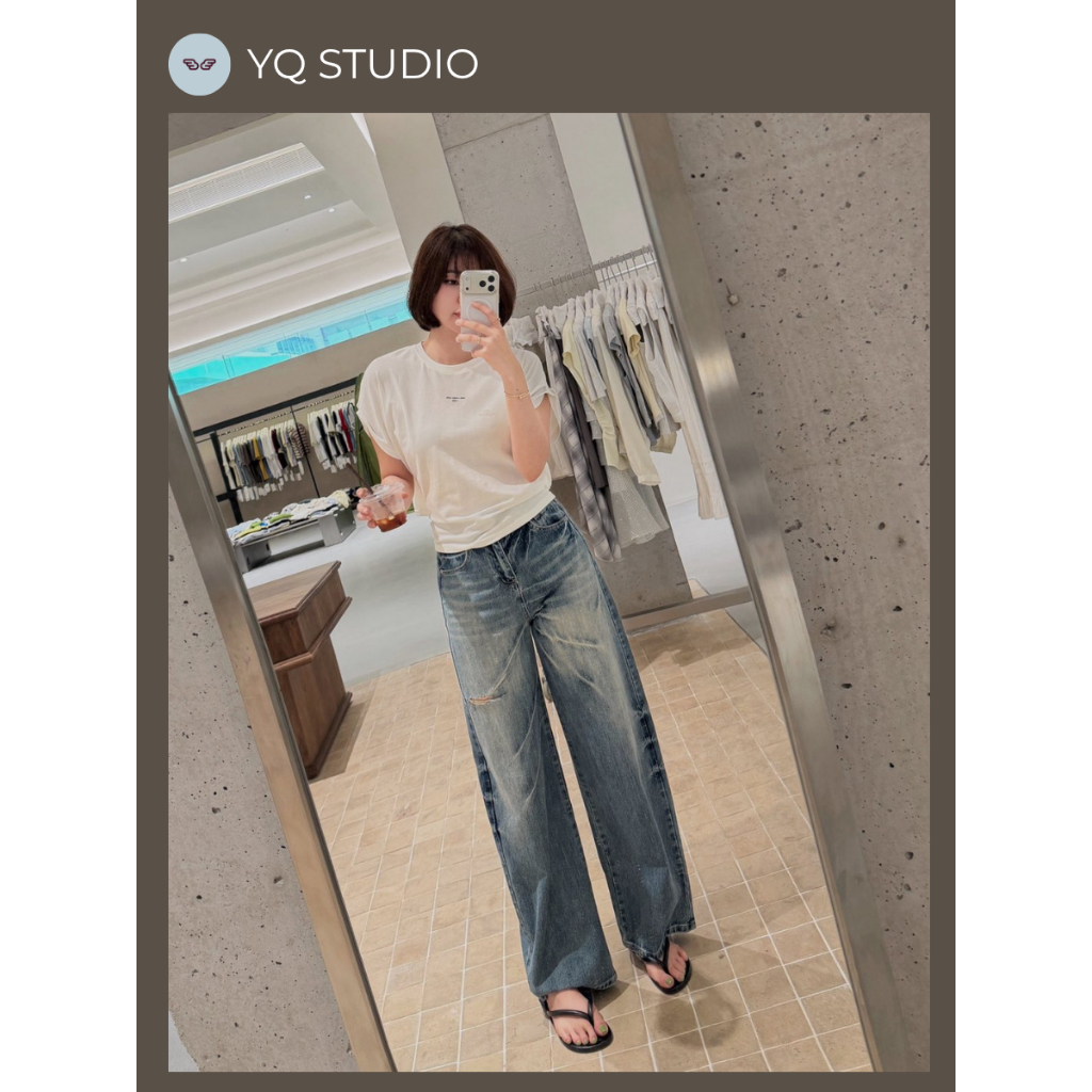 A698 YQ Korean Shop Kelly Jeans กก.ยีนส์ขากระบอกแต่งดีเทลขาดนิดๆฟอกเฟดเก๋ๆ ป้ายYQ