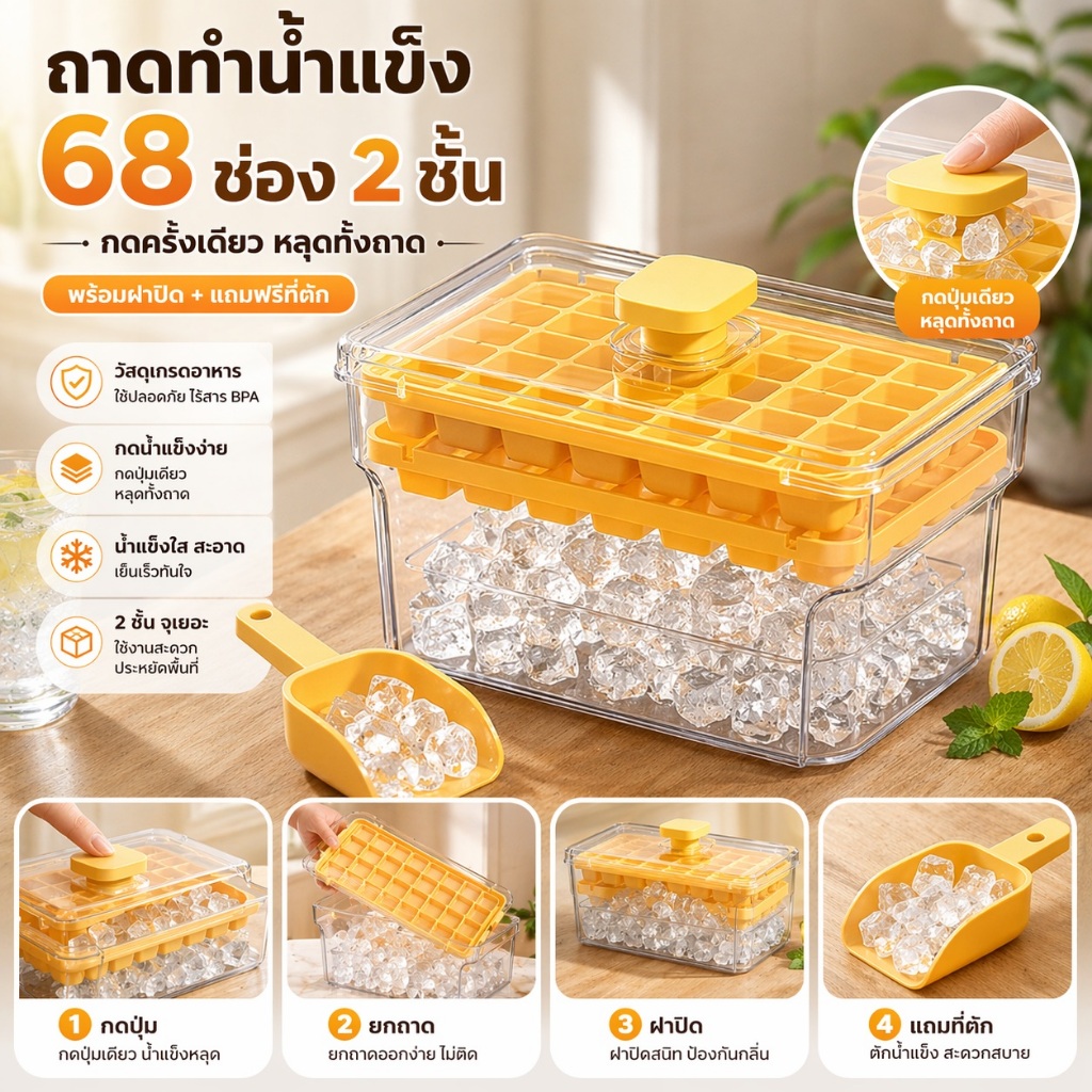 ถาดน้ำแข็งกดออกได้ 68 ช่อง 2 ชั้น ไม่ติดพิมพ์ พร้อมฝาปิด วัสดุเกรดอาหาร แถมที่ตัก