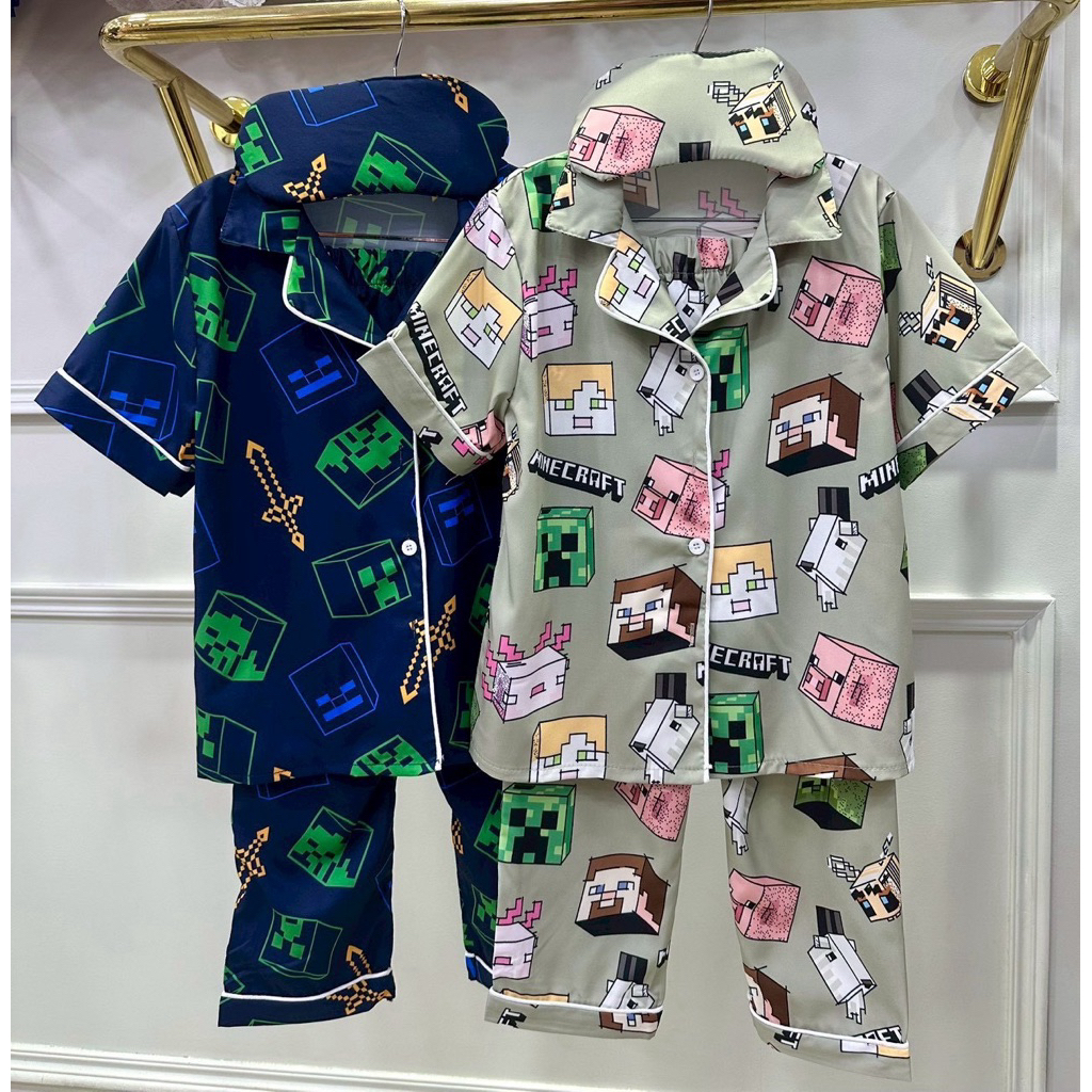 💤🛌 ชุดนอนเด็ก ผ้าไหมเกาหลี (แขนสั้น+ขายาว ) 👍🆓 ฟรี ผ้าปิดตา 👧🏻