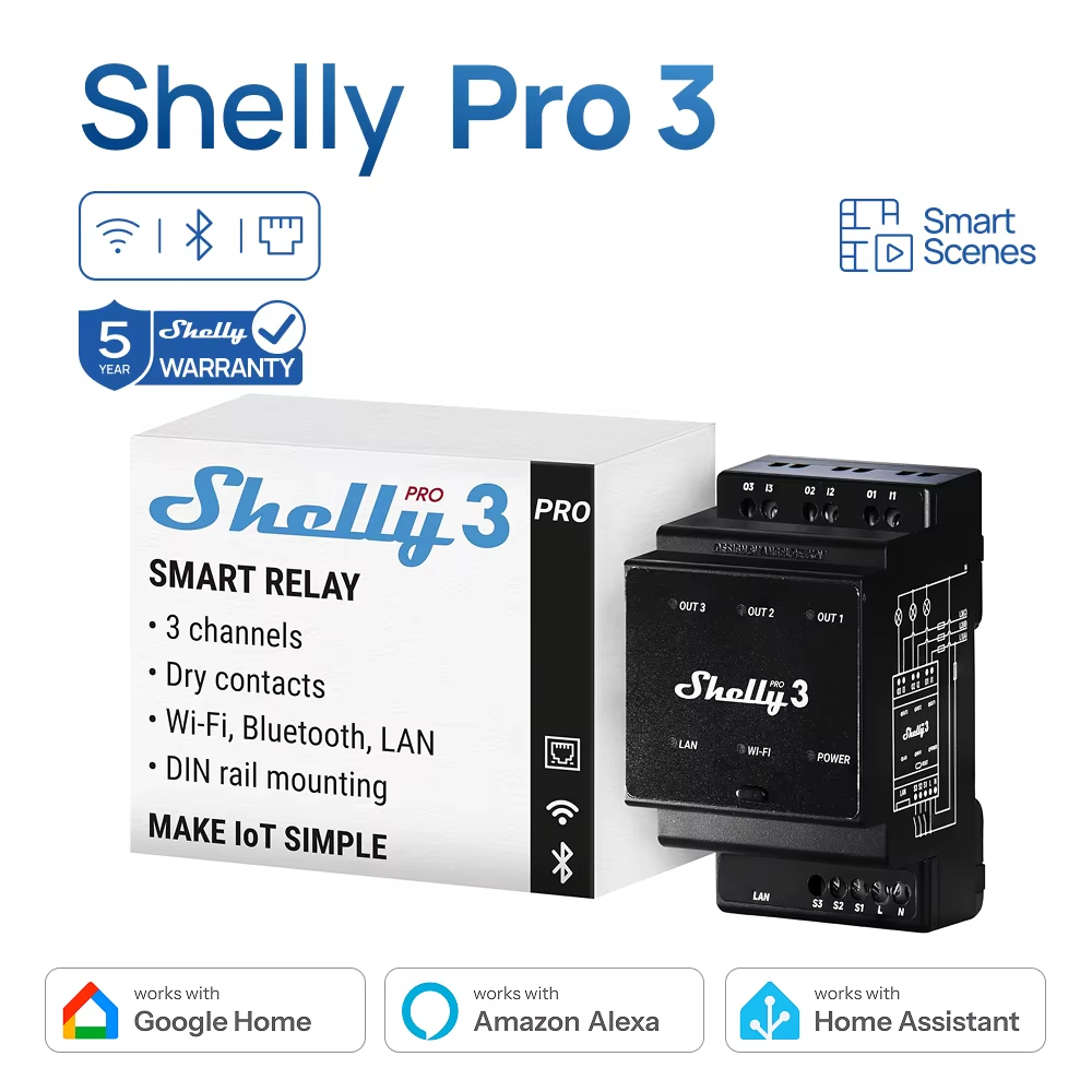 Shelly Pro 3 รีเลย์ 3 รีเลย์อัจฉริยะ ป้องกันไฟเกิน Overpower Overvoltage 48A WiFi LAN Alexa Google