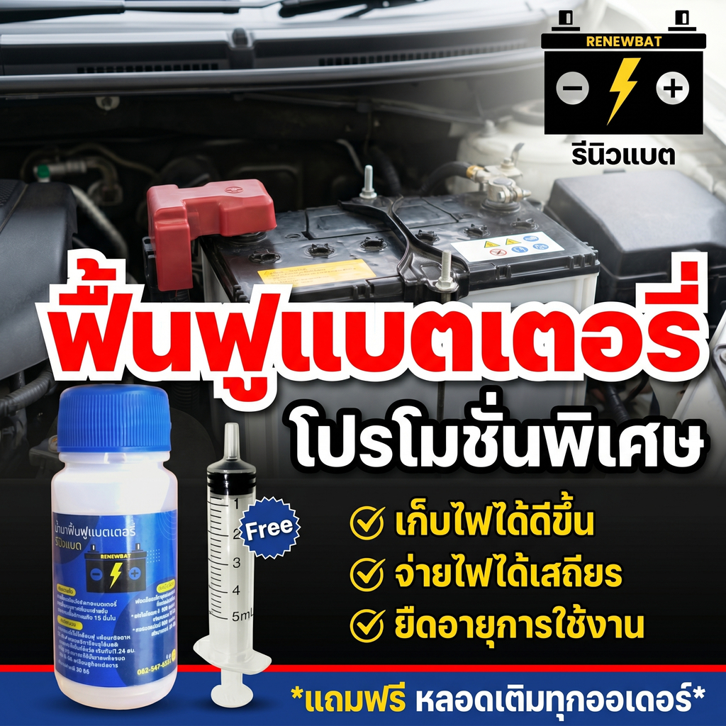 Renewbat น้ำยาฟื้นฟูแบตรถยนต์ ช่วยเพิ่มความเสถียรของแบตเตอรี่ ใช้ได้กับแบตเสื่อม แบตเก่า #82
