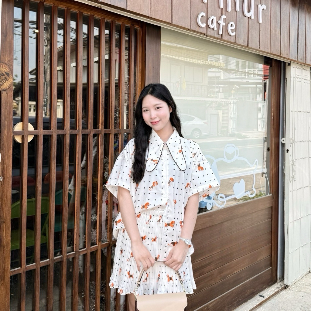 Rabbit short skirt pleated setเซตเสื้อปกหูกระต่าย+กระโปรงซับในกางเกง