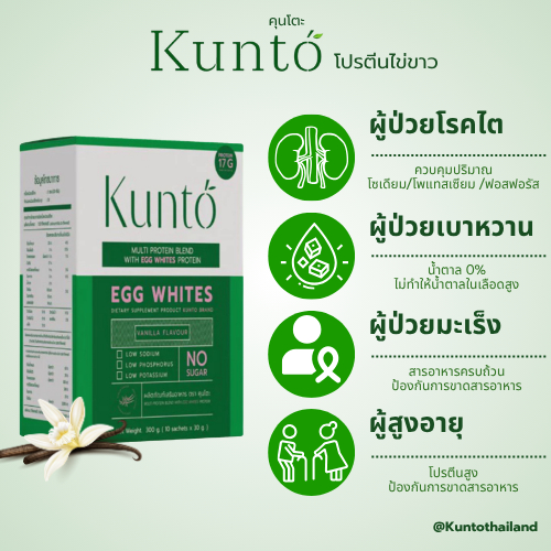 โปรตีนKunto คุนโตะ โปรตีนไข่ขาวสำหรับผู้ป่วยโรคไต เบาหวาน มะเร็ง ชุดทดลอง แบบ 5ซอง