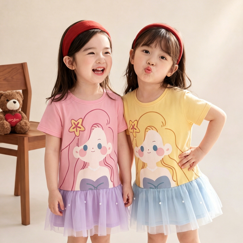 1-9 ปี สไตล์เกาหลี เดรสเด็กหญิง การ์ตูนน่ารักระบาย คอกลม แขนสั้น ผ้าหนุ่ม ใสสบาย ชุดเดรสเด็กผู้หญิง