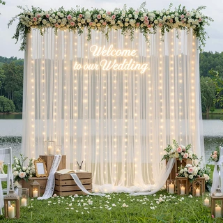 [พร้อมส่ง] ผ้าม่านทิวล์ฉากหลังงานแต่งงาน พร้อมไฟ LED ตกแต่งโรแมนติก สีขาว สำหรับงานปาร์ตี้ งานแต่ง ถ่ายรูป