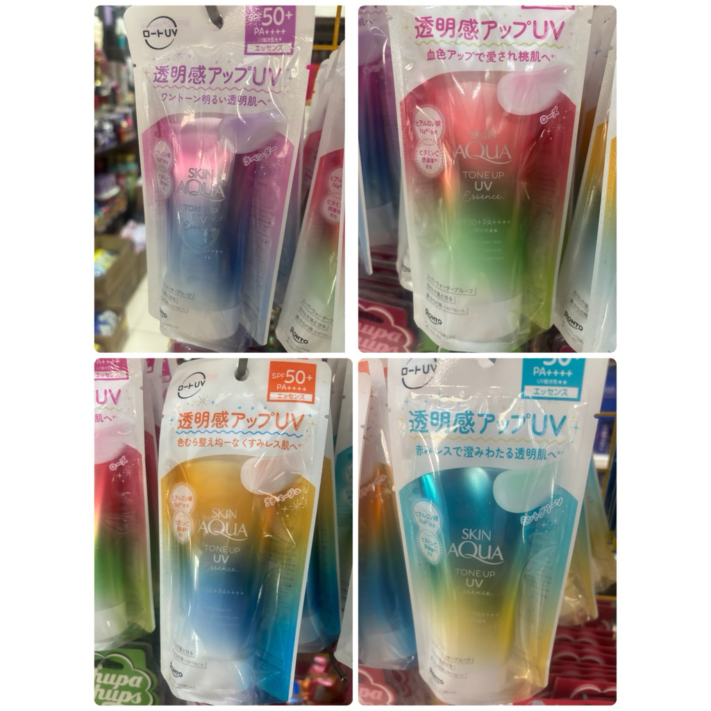 ครีมกันแดด Rohto Skin Aqua Tone Up UV Essence ซึ่งมีจำหน่ายหลายสูตรสำหรับปรับโทนสีผิวที่แตกต่างกัน