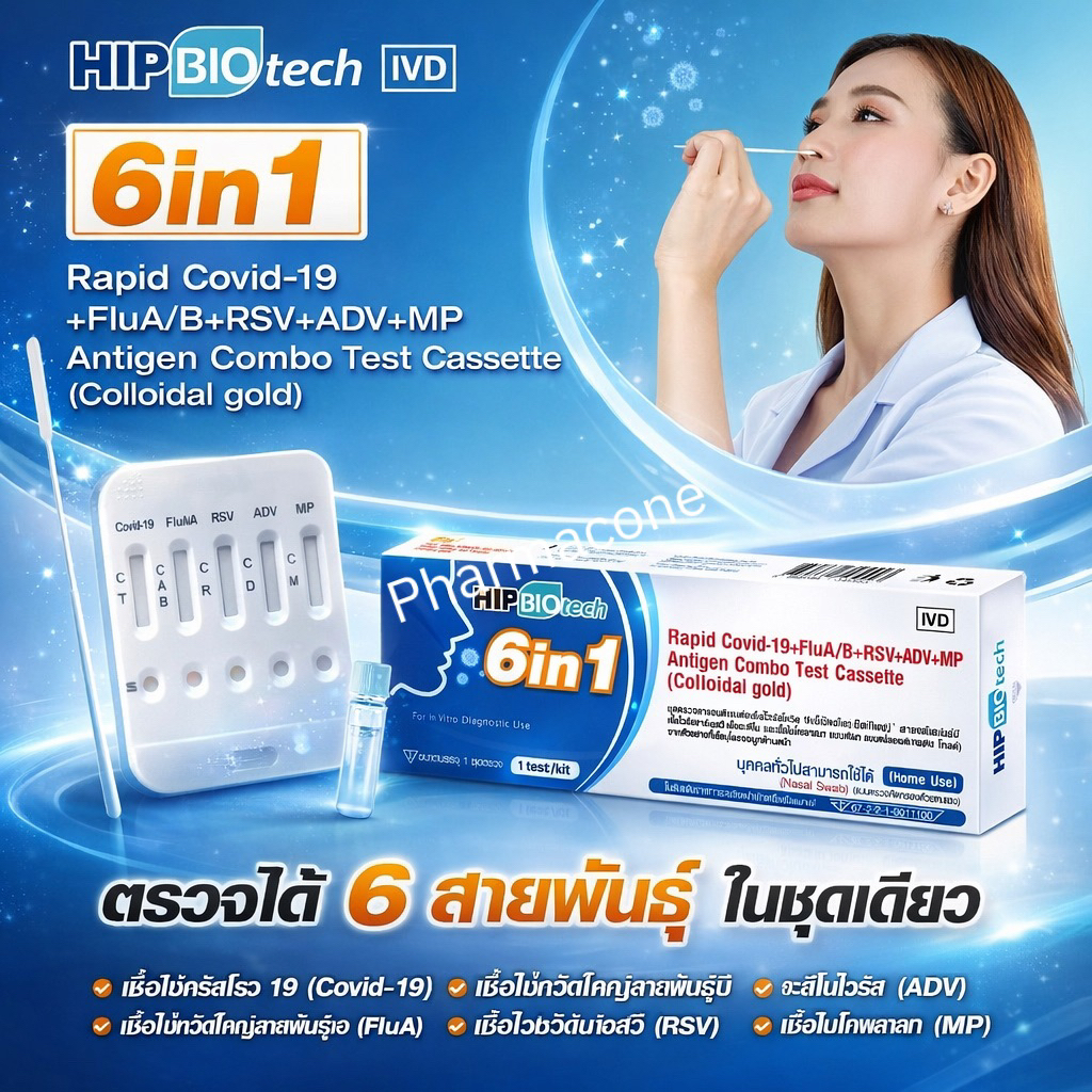 ชุดตรวจไข้หวัดใหญ่สายพันธุ์ A/B โควิด Flu A/B Covid-19 RSV Adeno MP ไมโครพลาสมา ATK HIP Biotech 6in1