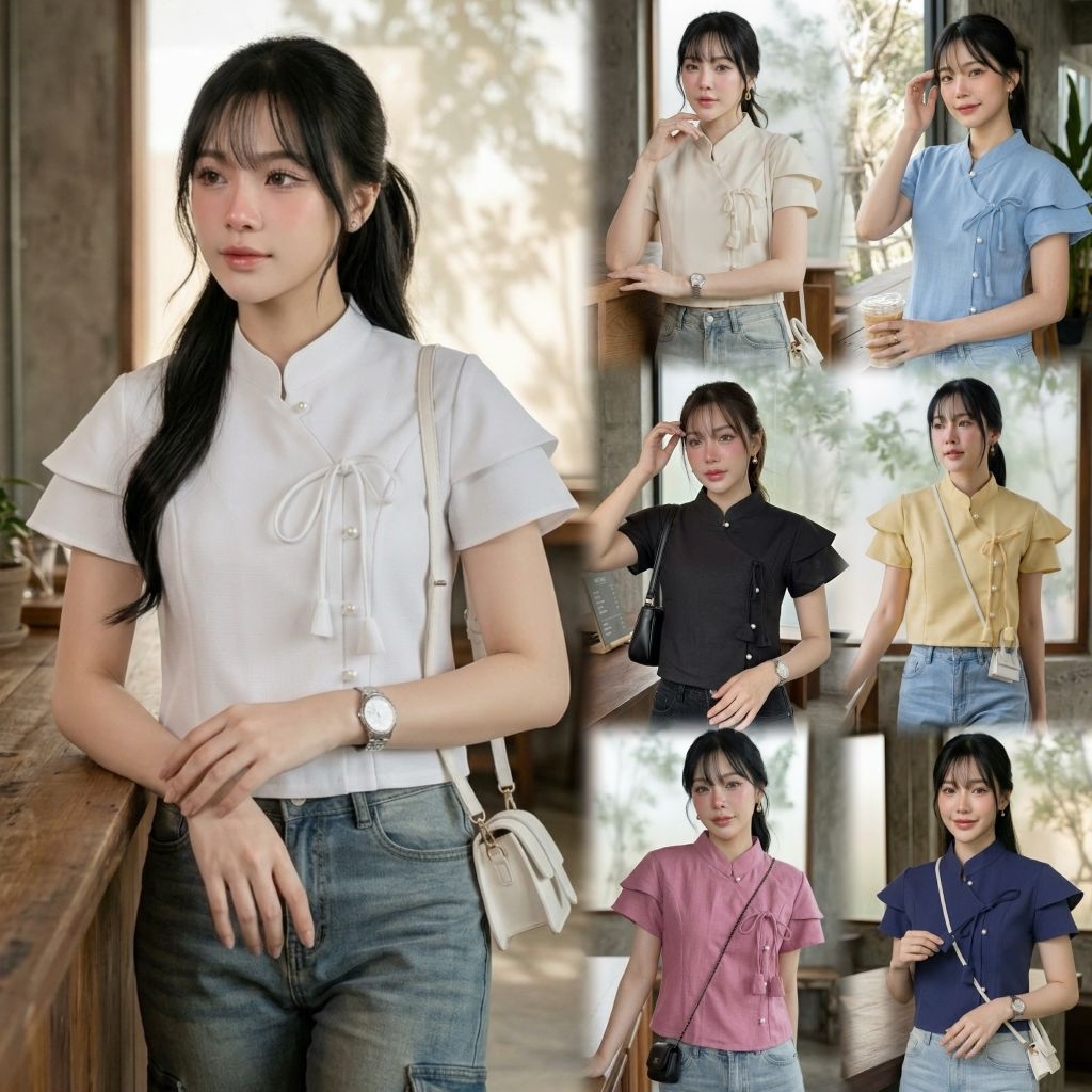 เสื้อพื้นเมืองผู้หญิง คอจีนป้ายผูกโบว์ รุ่น มุกสิริ