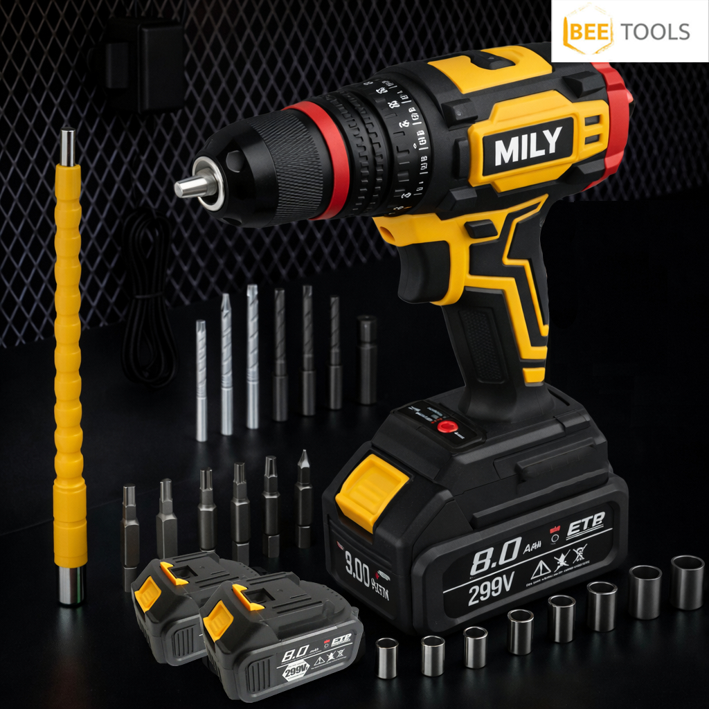 MILY สว่านไร้สาย 299V 3ระบบ มอเตอร์บัสเลส แบตเตอรี่ใหญ่ 2 ก้อน มีระบบกระแทก รุ่นใหม่ล่าสุด พร้อม ดอกสว่าน และ อุปกรณ์ เค